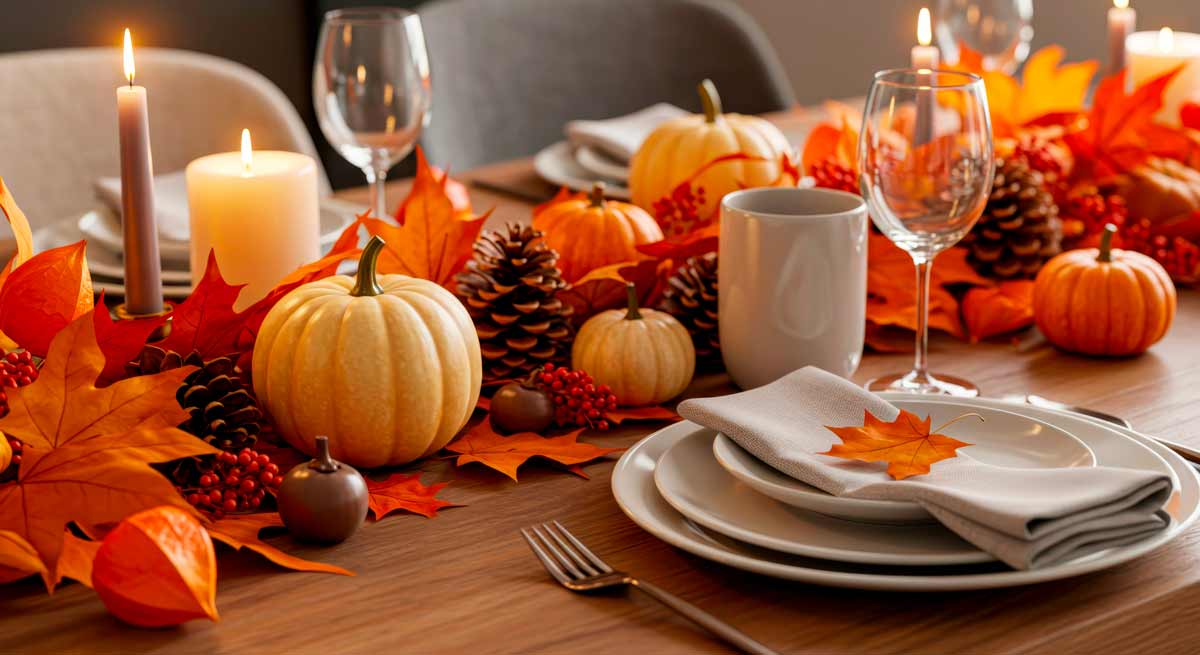 centrotavola fai da te con pigne e zucche di varie dimensioni