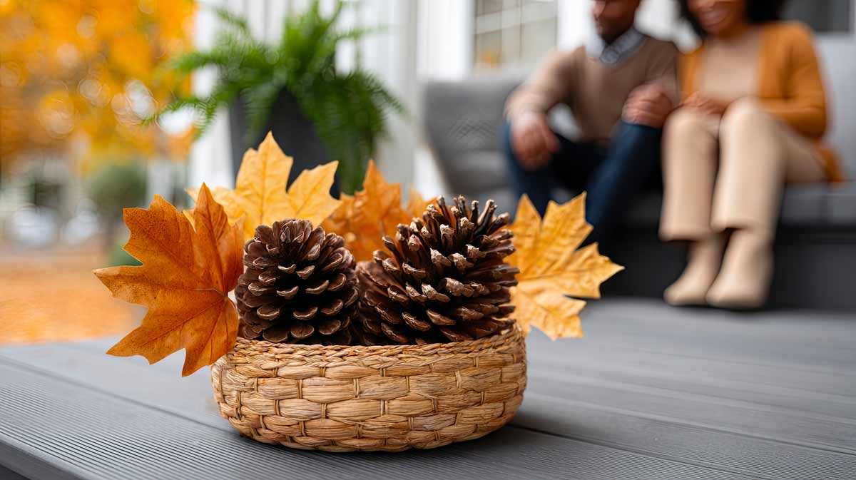 centrotavola con pigne e foglie secche