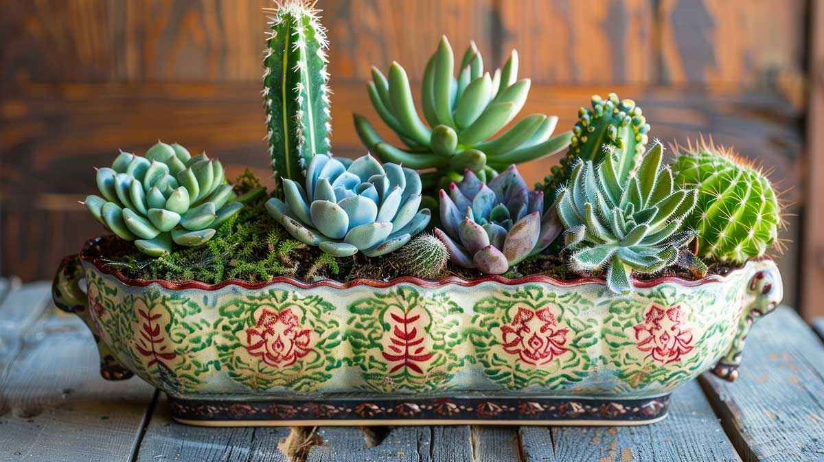 succulente in vecchio contenitore, centrotavola creativo