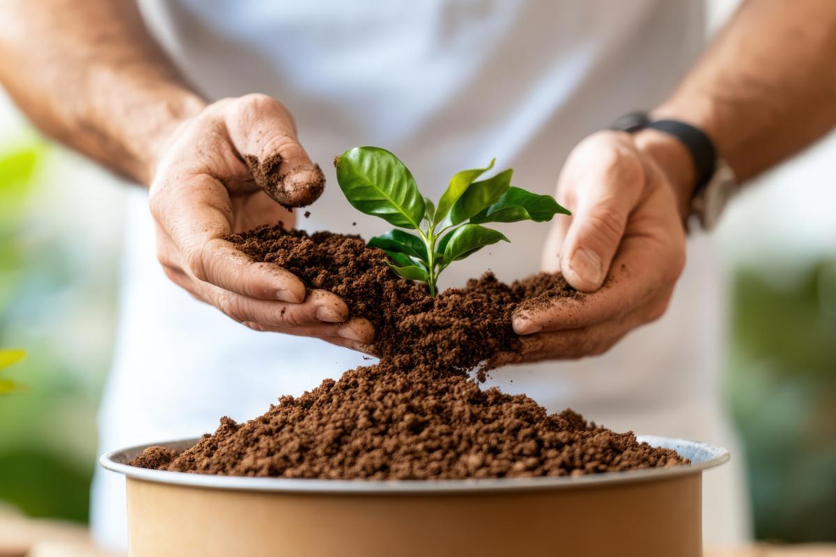 Il caffè concima la pianta di basilico