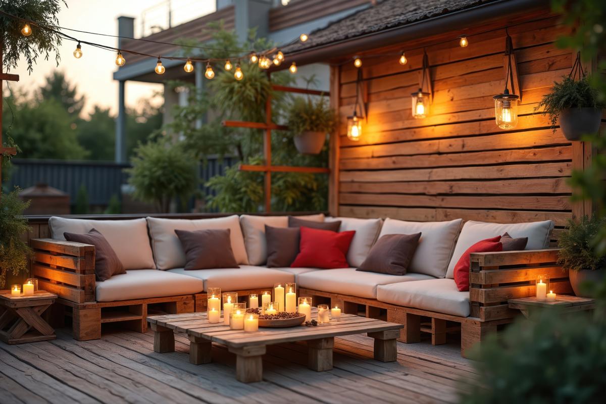 L'angolo relax di design in giardino con pallet e cuscini