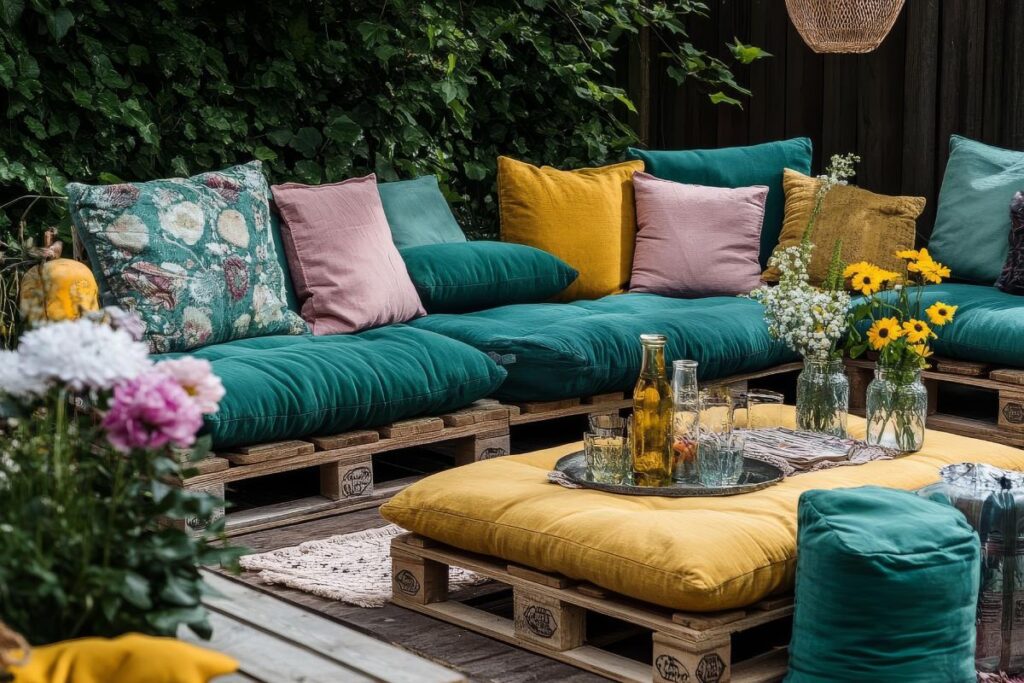 Area relax in giardino con pallet e cuscini