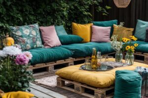 Area relax in giardino con pallet e cuscini