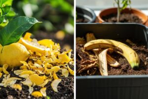 Gli alberi da frutto fertilizzati dalle bucce di limone e di banana