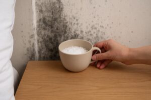 Tazza di bicarbonato, riso e sale grosso contro umidità