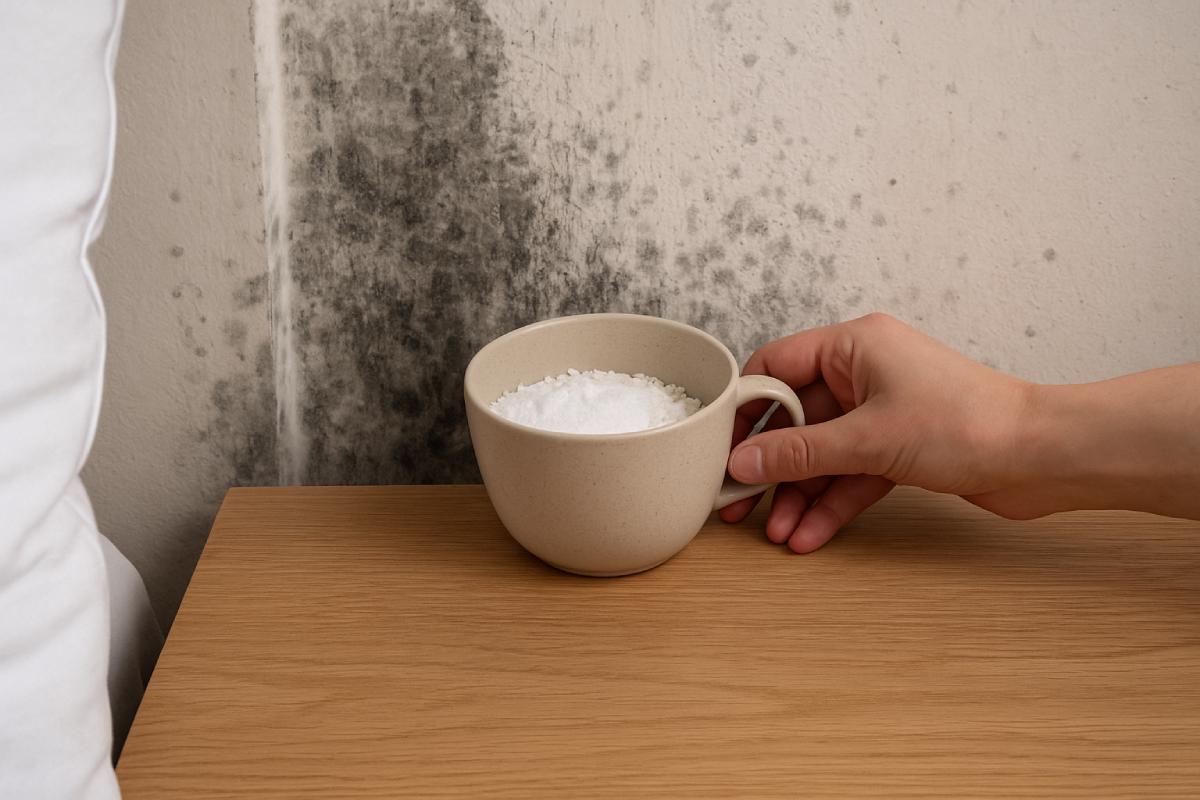 Tazza di bicarbonato, riso e sale grosso contro umidità