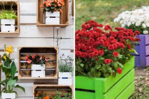 balcone con fioriere con cassette di legno