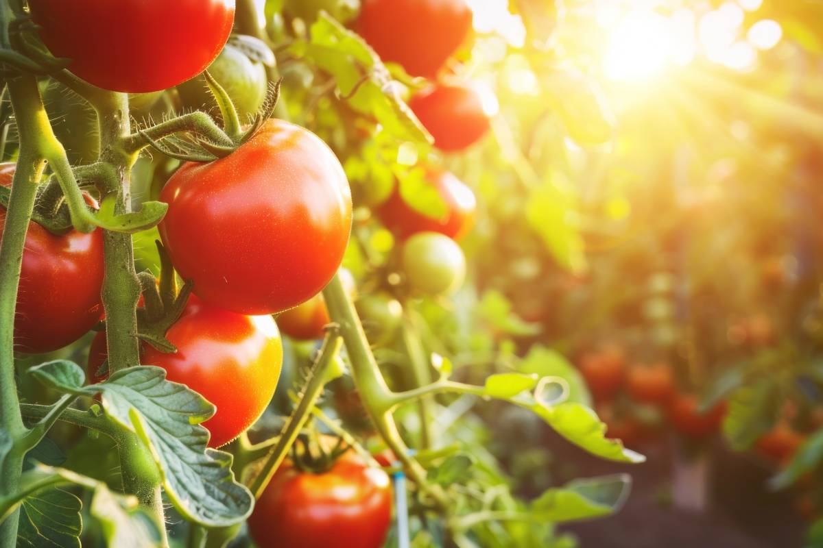 Qualità di pomodori che si scottano sotto il sole estivo