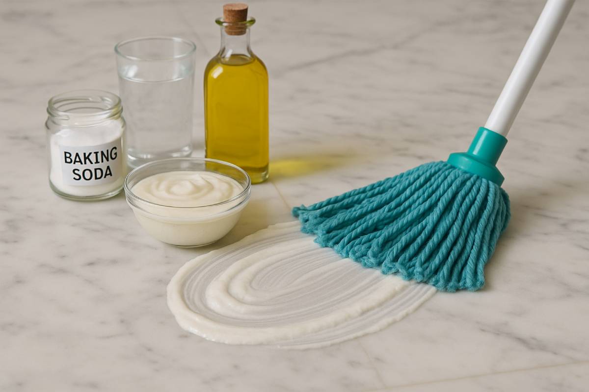 Bicarbonato, olio e acqua per il marmo