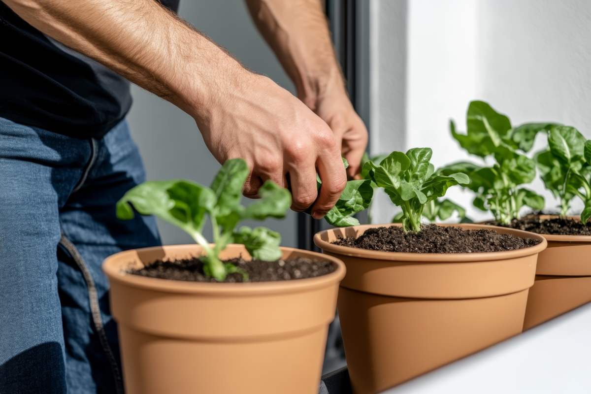 Spinaci in vaso sul balcone