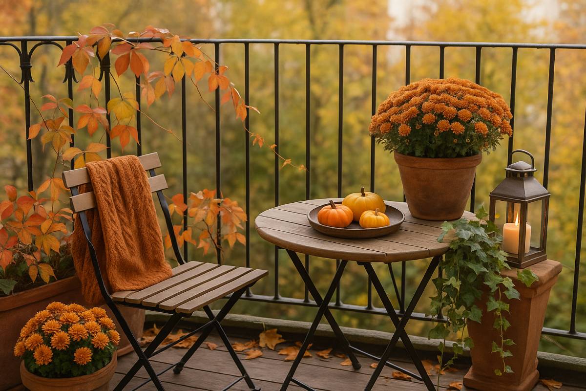 Zucche e fiori nel balcone autunnale