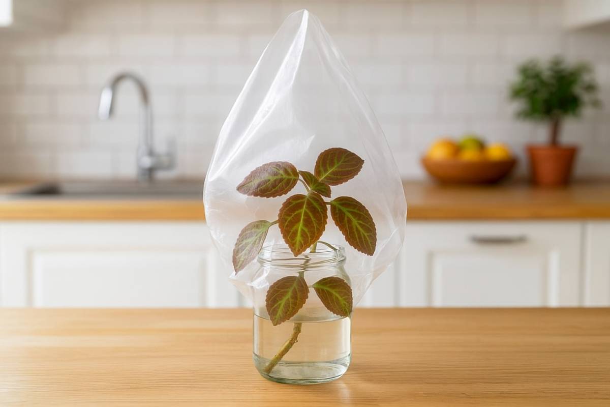 Sacchetto di plastica sulla talea della begonia