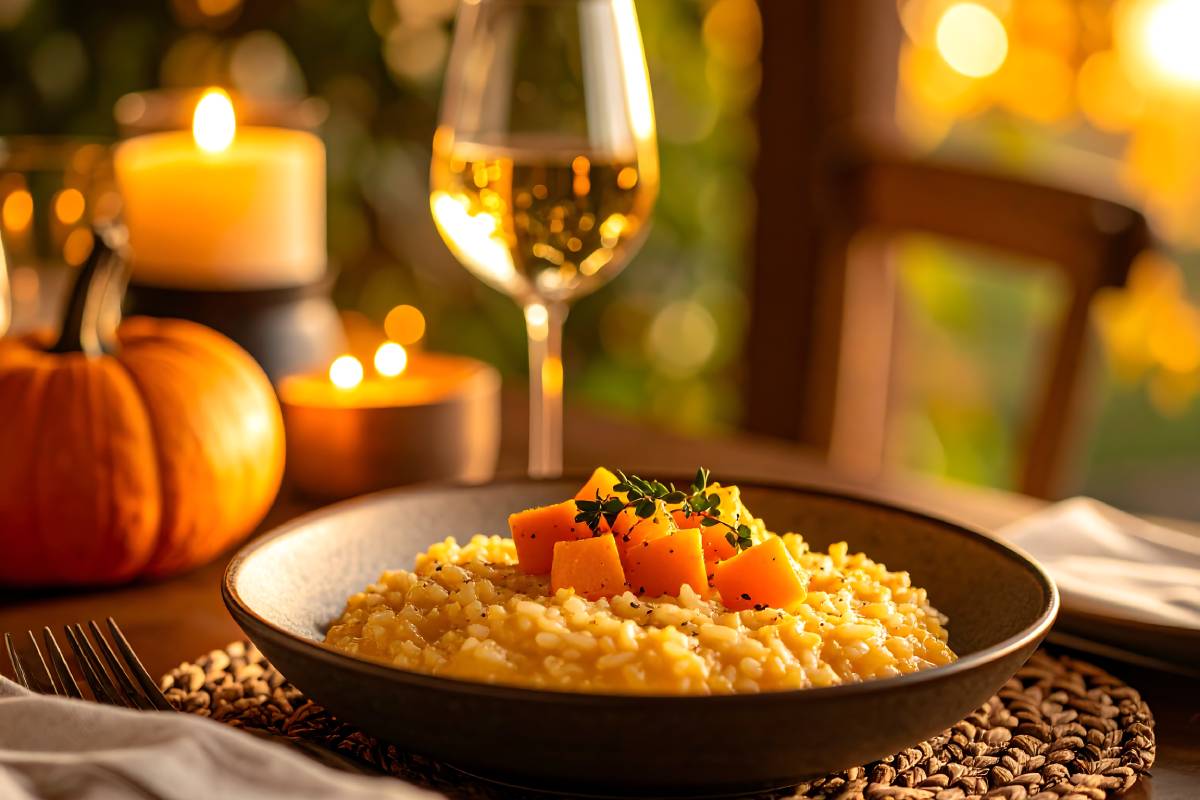 Risotto e vino bianco per cena autunnale
