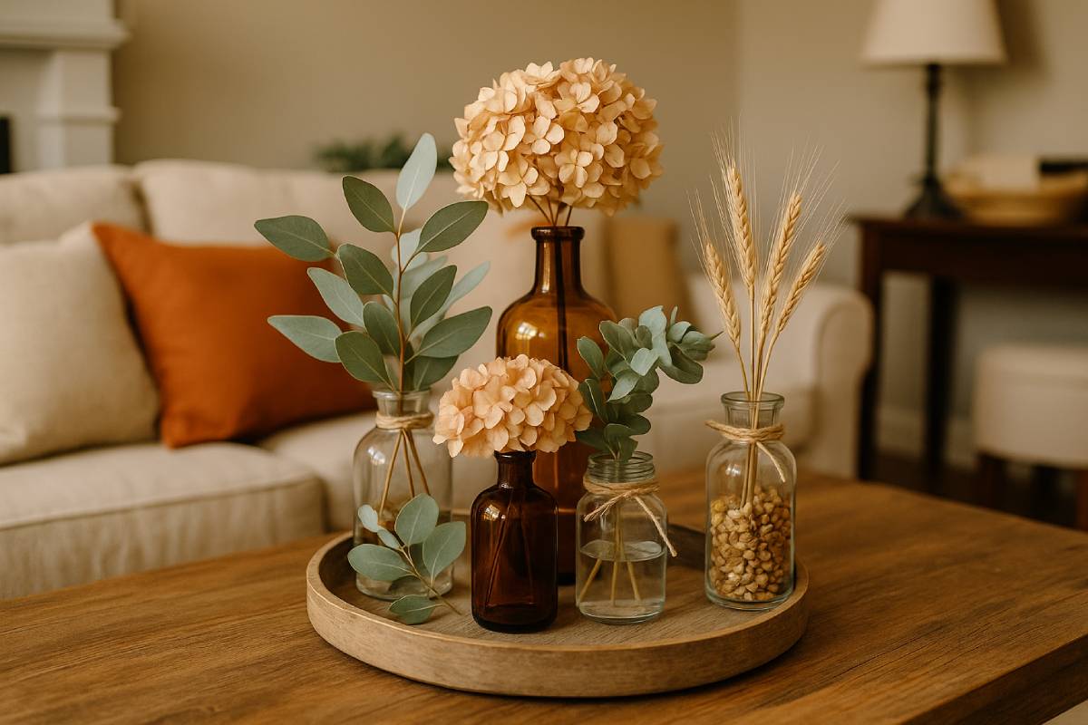 Centrotavola autunnali con ortensie ed eucalipto