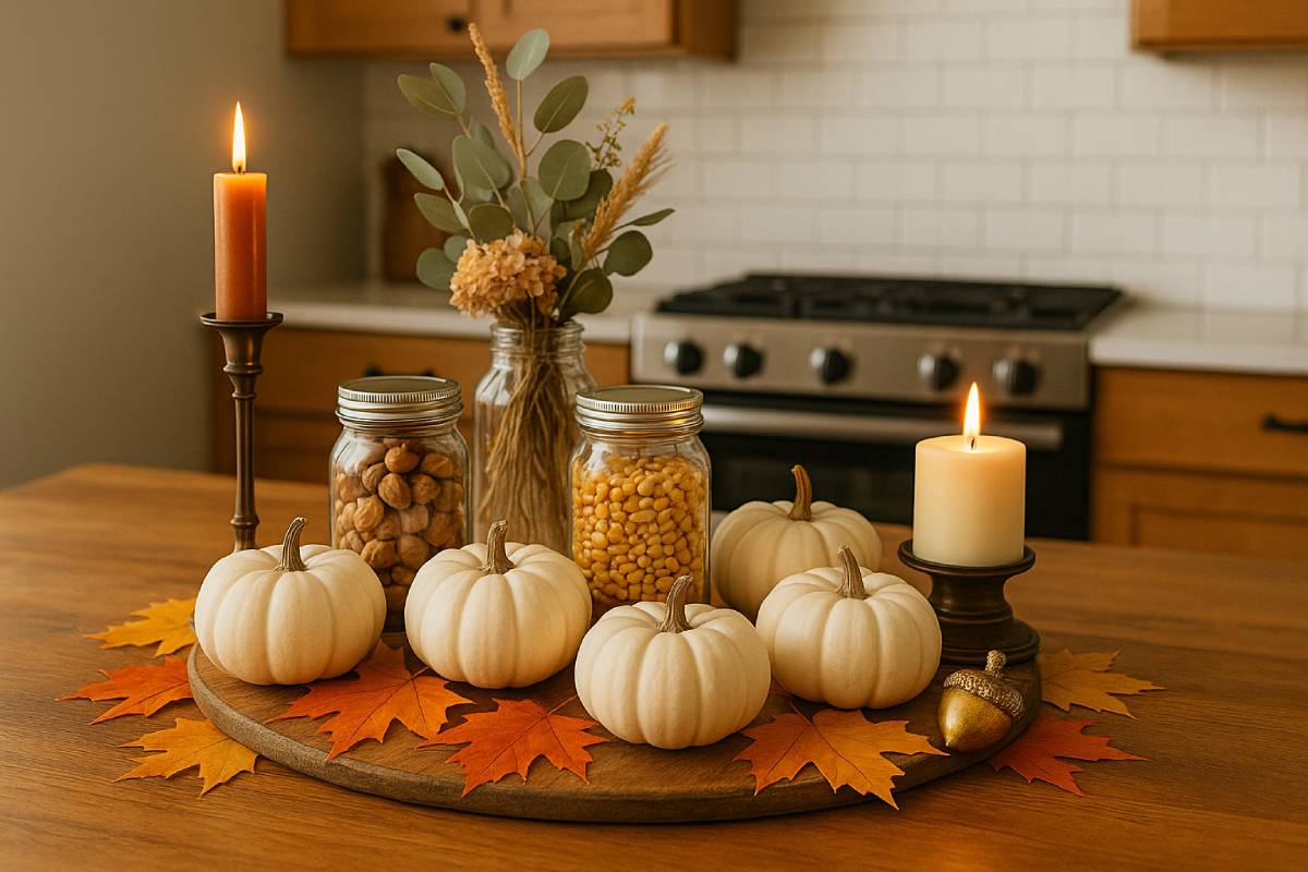 Centrotavola autunnale con zucche e barattoli