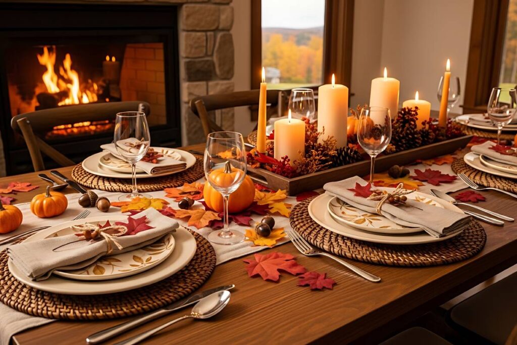 Candele, foglie secche e zucche sulla tavola autunnale