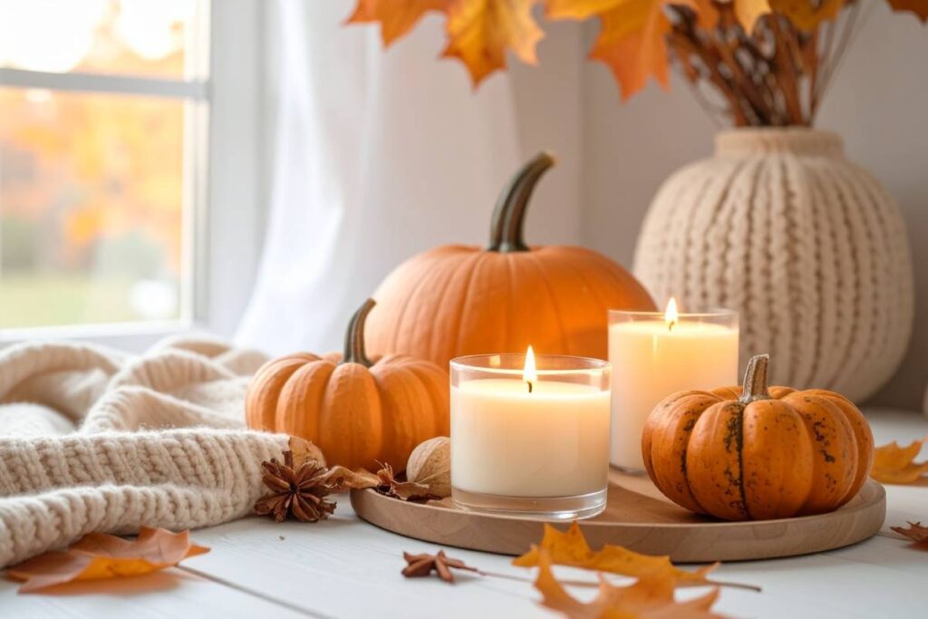 Decorazioni autunnali con foglie, candele e zucche