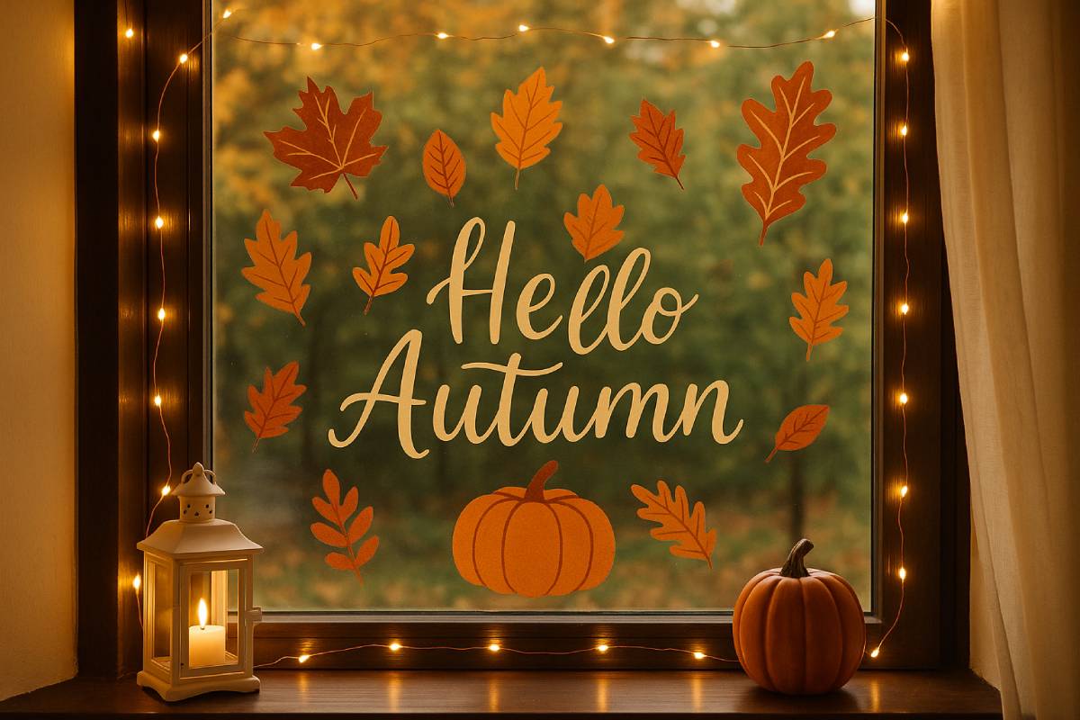 Scritta "Hello autumn" sulla finestra
