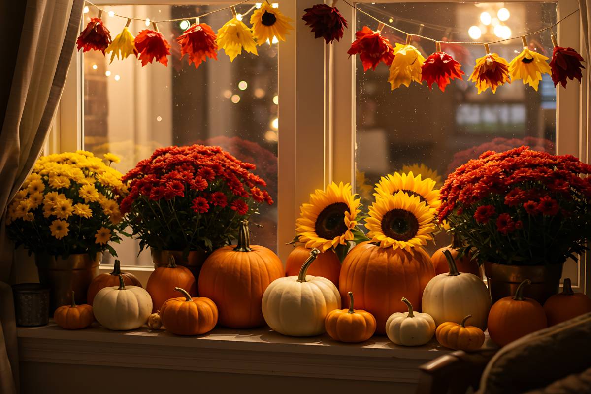 Zucche, fiori e foglie alla finestra