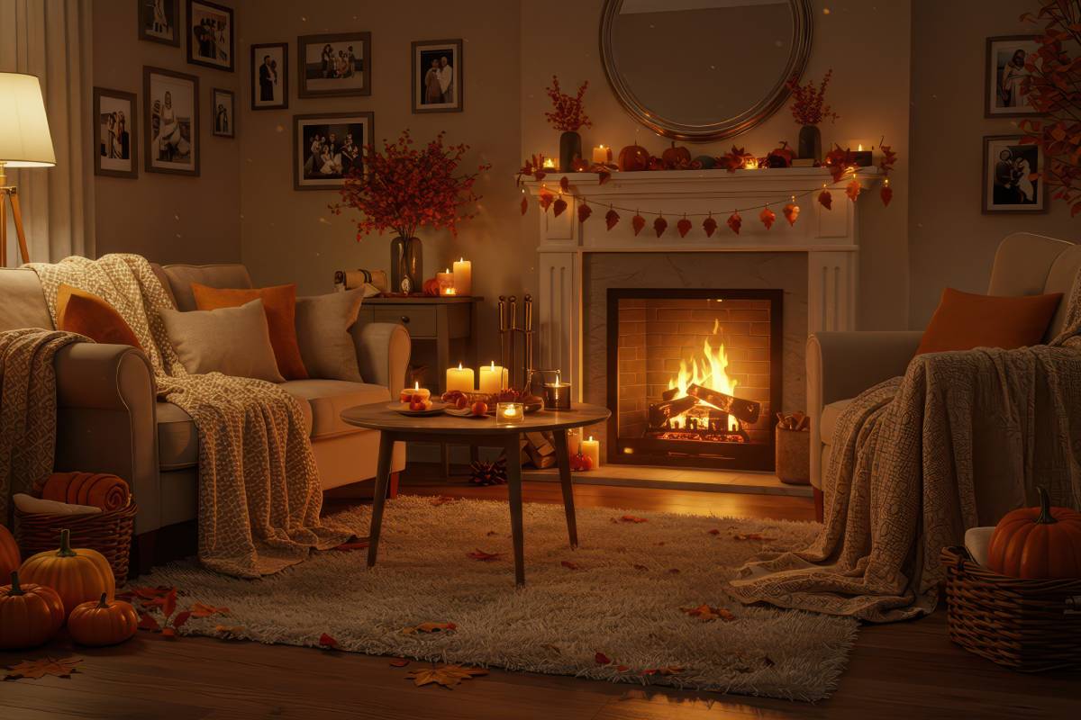 Zucche, candele e ghirlande di foglie in soggiorno