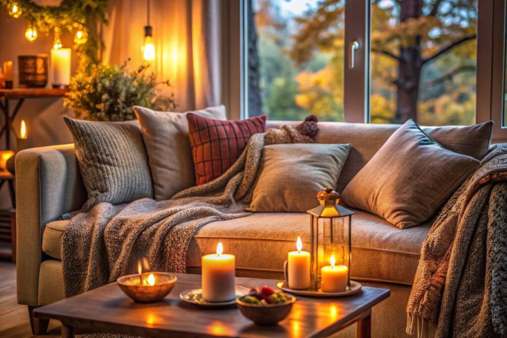Coperte e candele in soggiorno