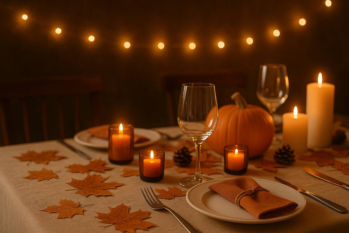Tavola autunnale con candele e lucine