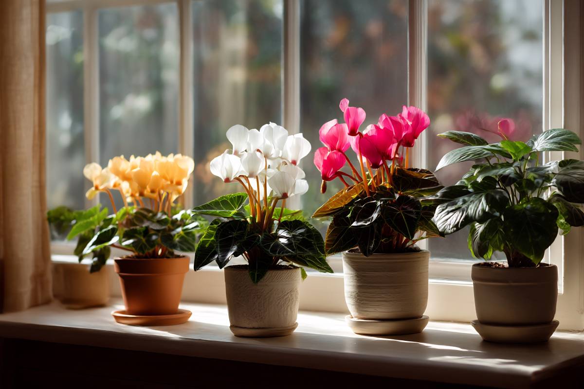 Varietà di ciclamini su davanzale