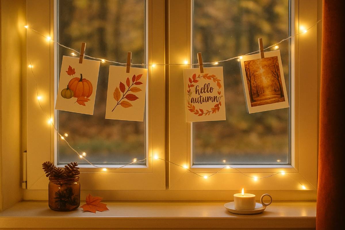 Cartoline autunnali e lucine in finestra