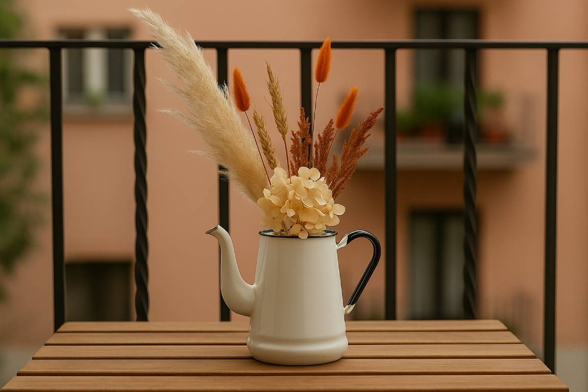Fiori secchi in una teiera decorano il balcone autunnale