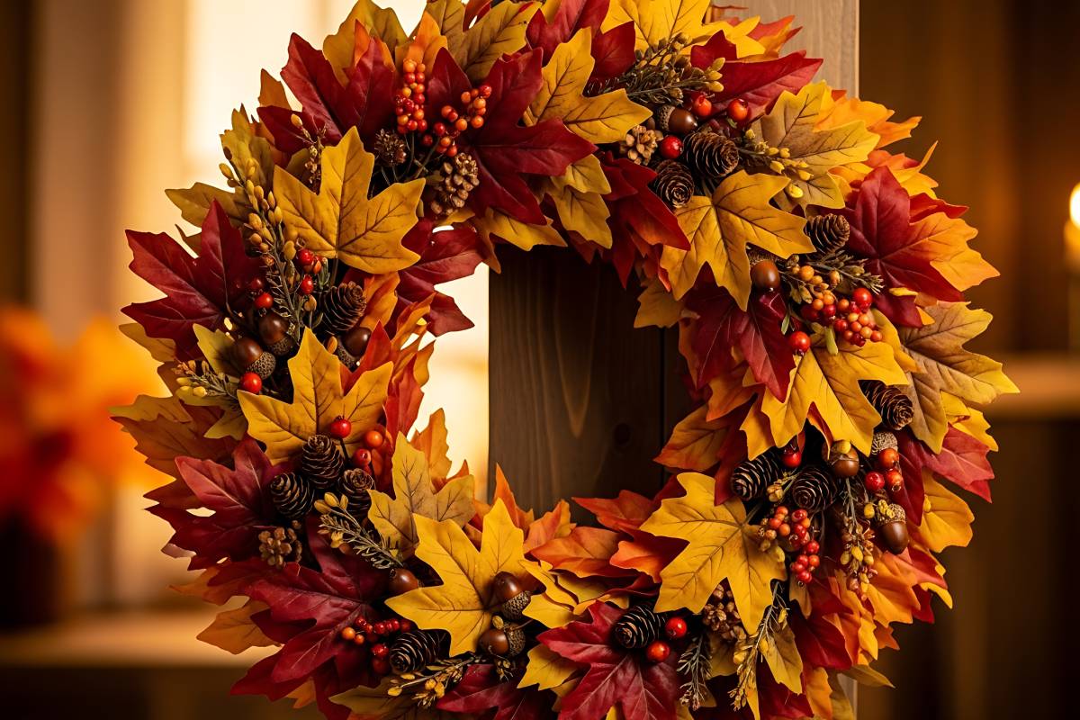 Ghirlanda autunnale con foglie secche, pigne e bacche
