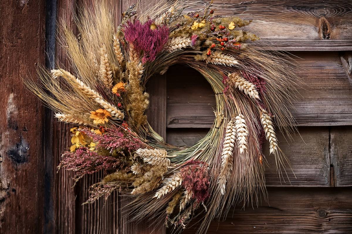Ghirlanda d'autunno con spighe e lavanda