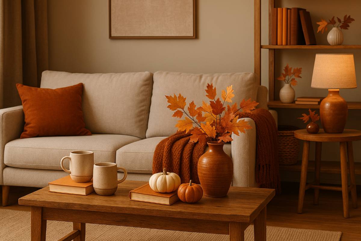 Tazze smaltate , libri e zucche decorative in soggiorno