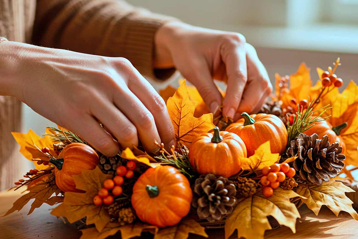 foglie secche pigne e bacche, centrotavola autunnale