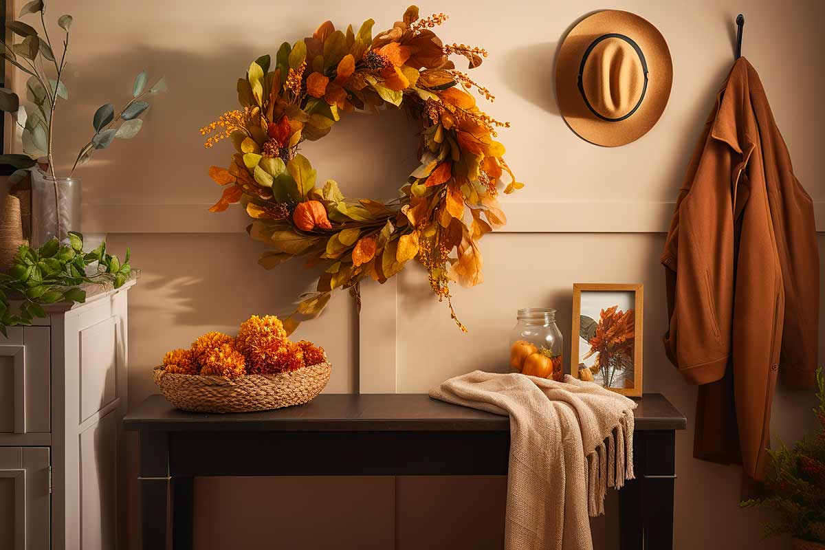 decorazione autunnale in stile rustico all'ingresso