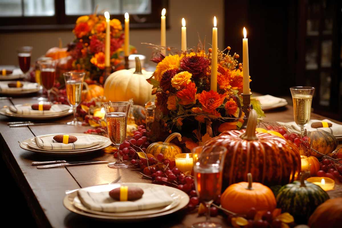 centrotavola autunnale con zucche candele e fiori