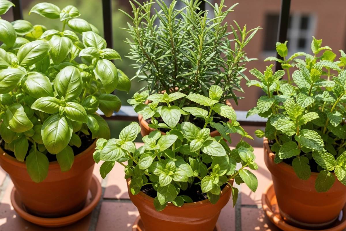 Piante aromatiche n vaso sul balcone