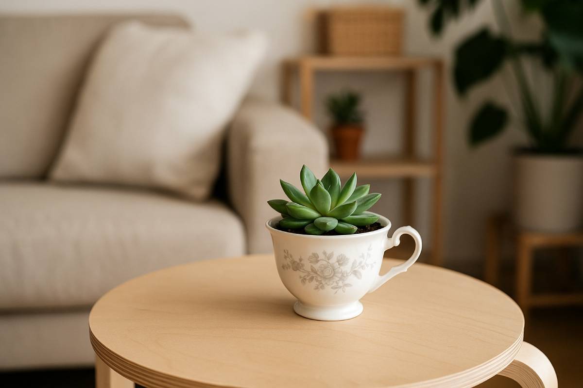 Tazza vintage con pianta succulenta