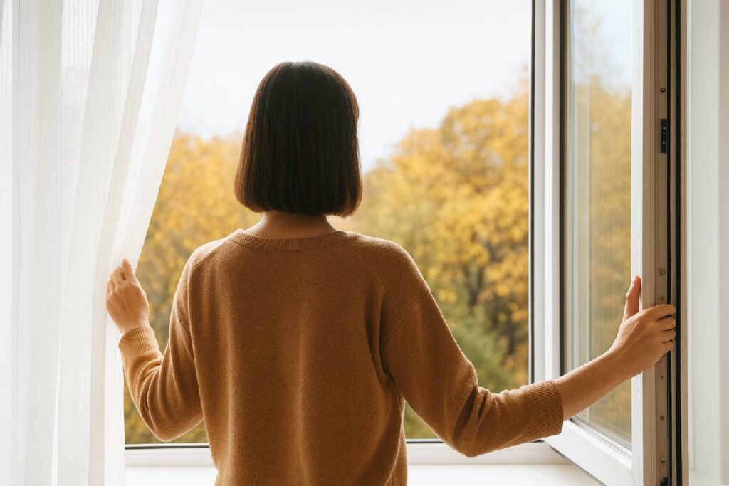 Donna che apre la finestra per arieggiare la casa in autunno contro la muffa