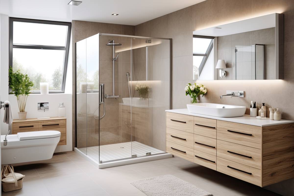 Bagno effetto legno con colori chiari ed elementi trasparenti