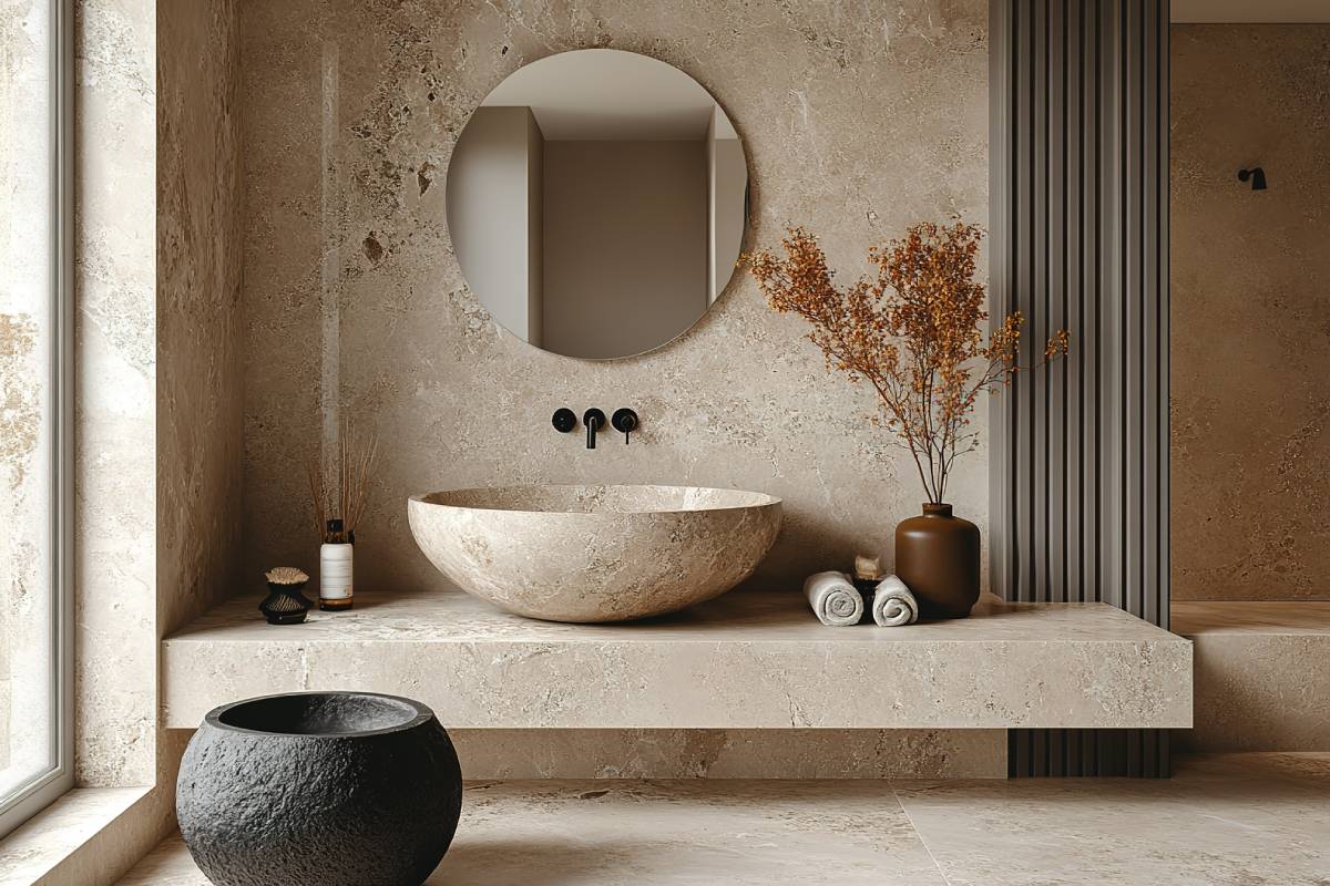 Bagno minimalista con toni del beige