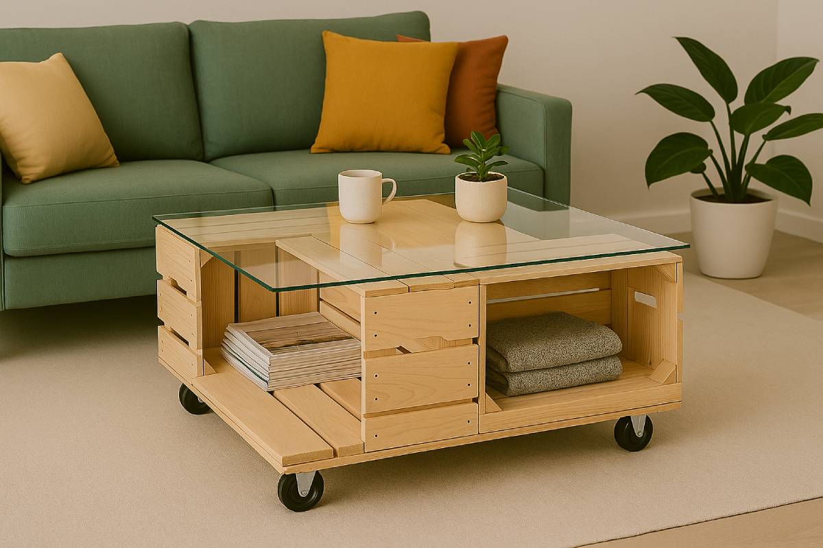 Tavolino contenitore con cassette di legno