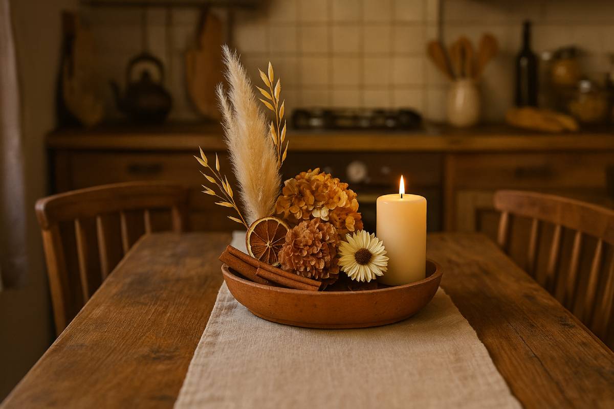 Centrotavola con fiori secchi, pampas e cannella