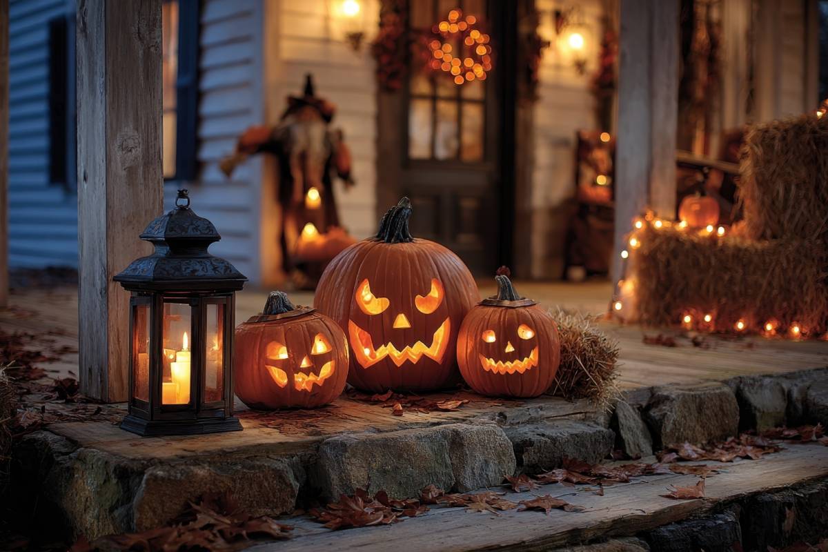 Zucche di Halloween intagliate sul portico
