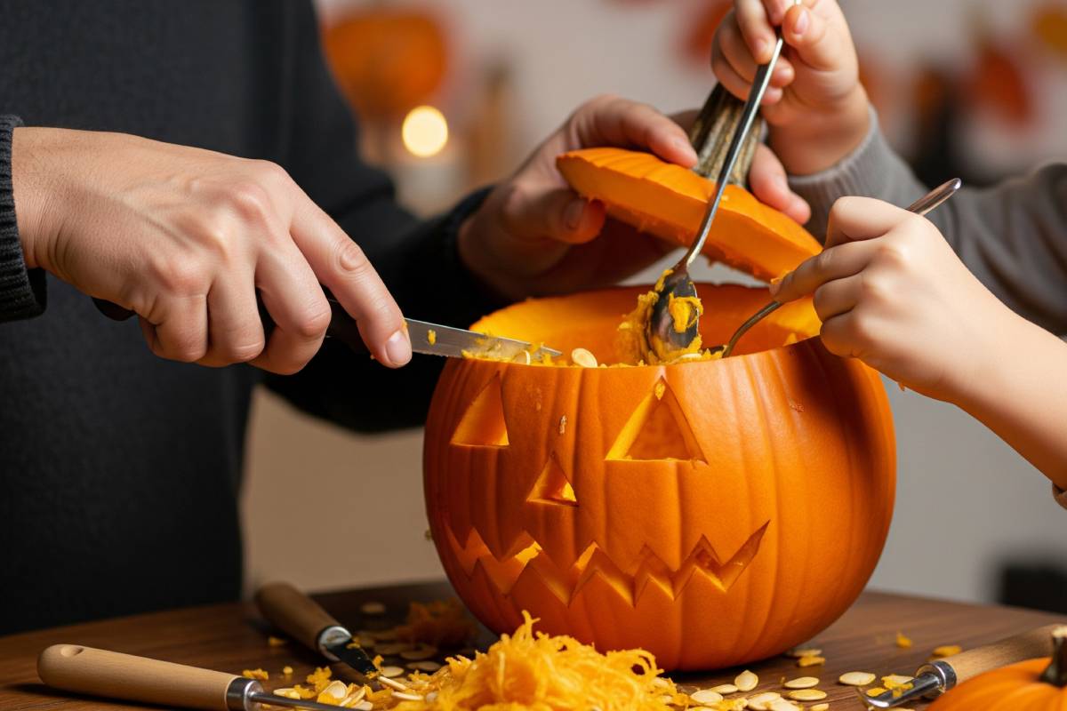 Mani che intagliano una zucca