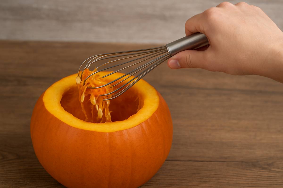 Pulizia della zucca con la frusta da cucina