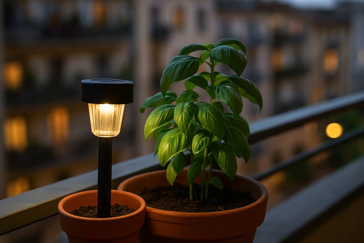 Luce solare da giardino accanto al basilico. Ecco come preservarlo in autunno