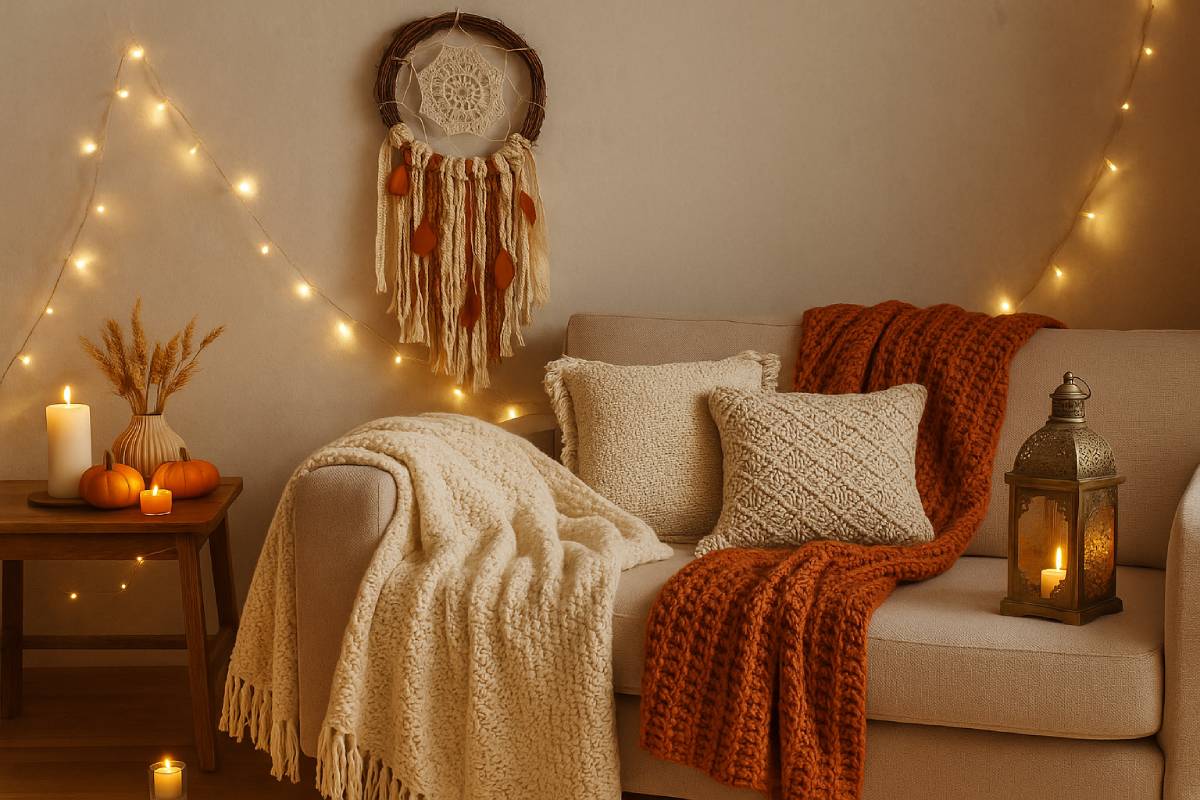 Salotto con decorazioni autunnali in stile romantico boho