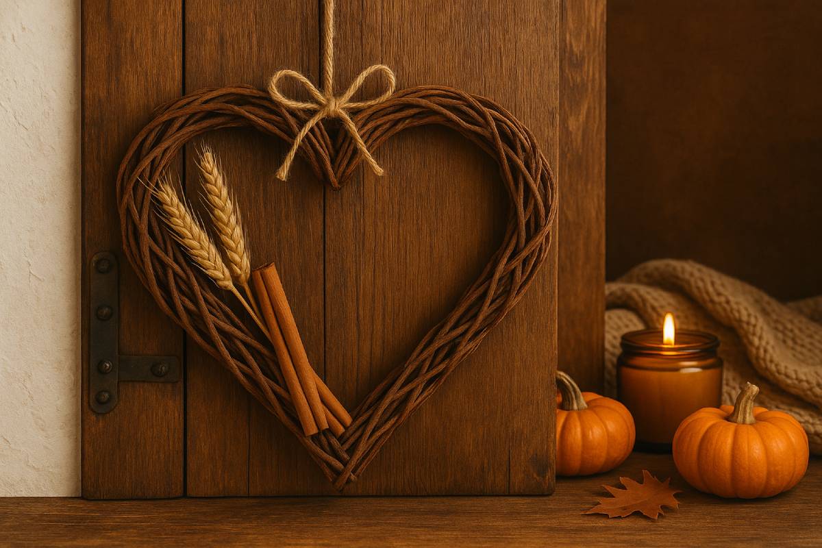 Cuore di vite intrecciata con spighe e cannella