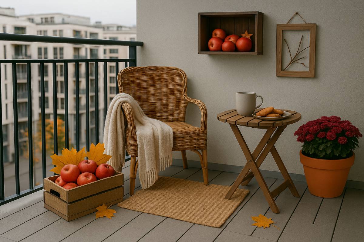 Balcone con sedia in ratta, cassette di legno mele e foglie