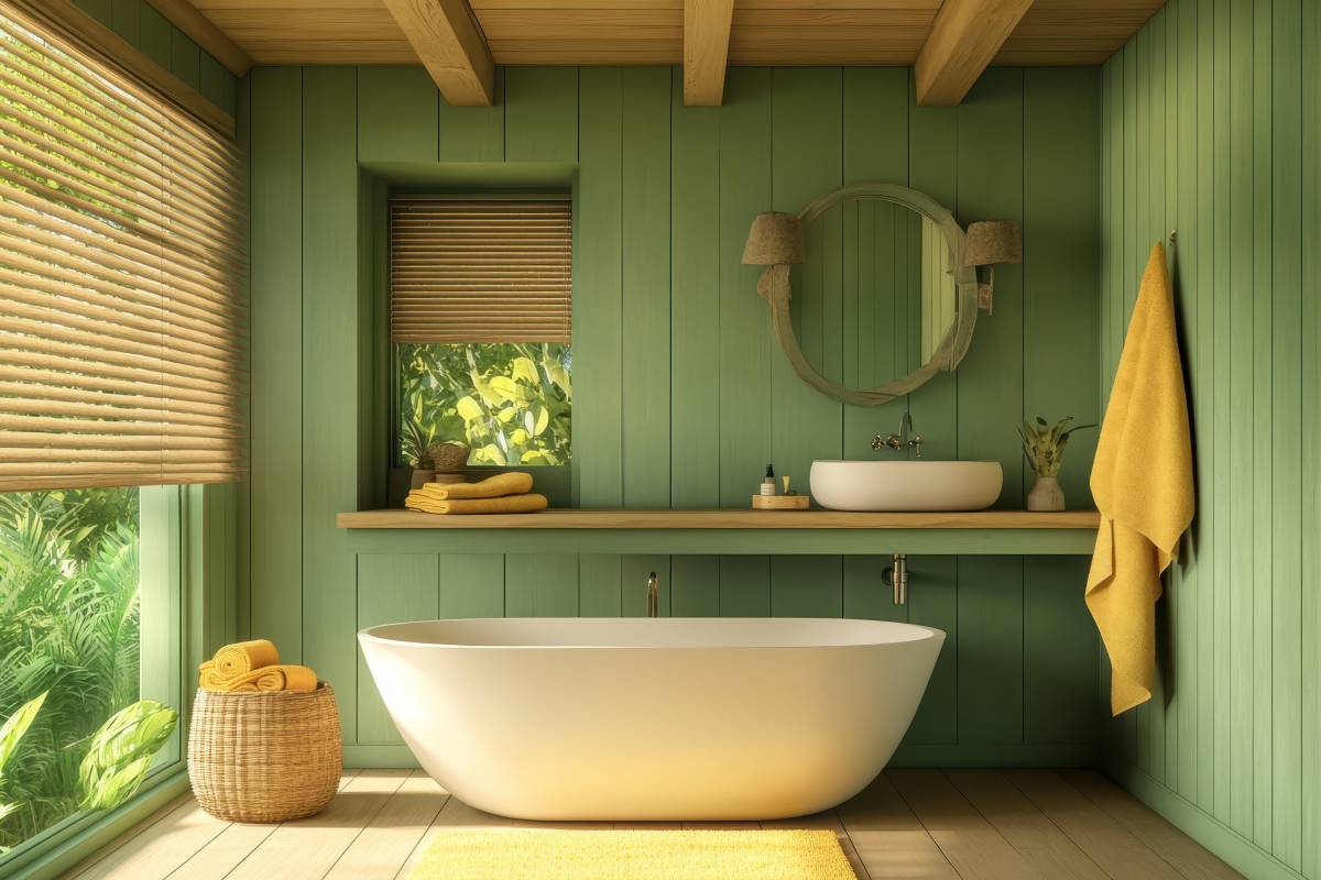 Bagno effetto legno chiaro e con verde salvia